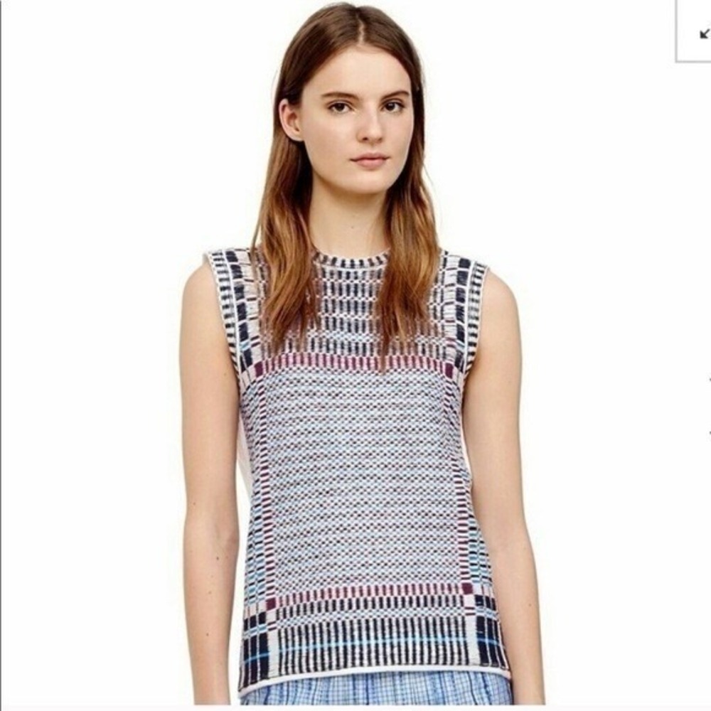 Tory Burch Sleeveless Knit Top XL Cream Multi Geometric Plaid Layering Designer